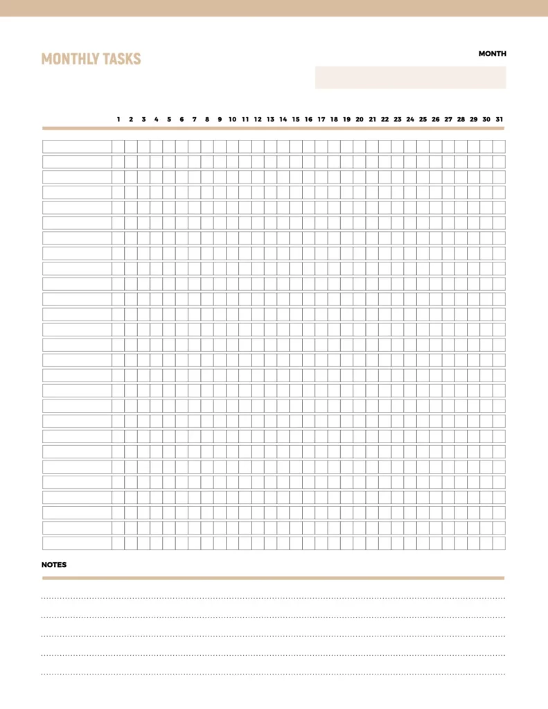 Monthly tasks template featuring a grid layout with numbered columns for days and space for recording tasks.