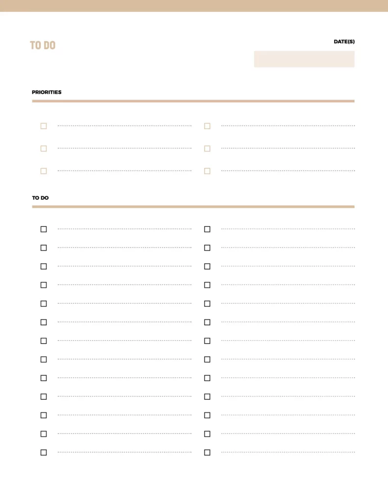 To do template featuring sections for priorities and task lists in a minimalist layout.