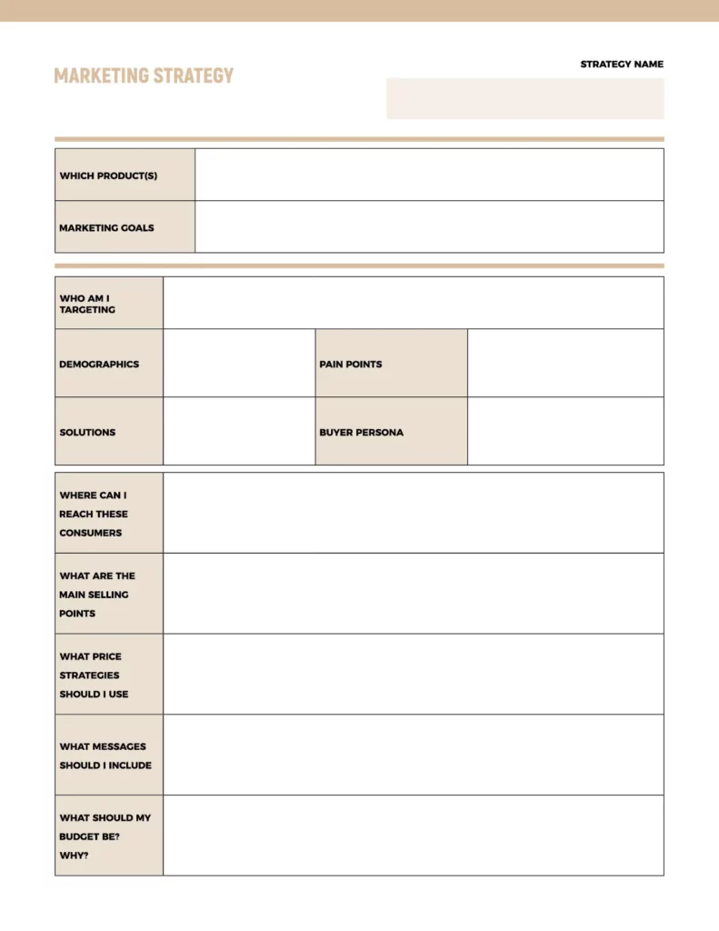 Marketing strategy template featuring sections for product details, marketing goals, target demographics, pain points, and budget planning, designed with a clean, minimalist layout.