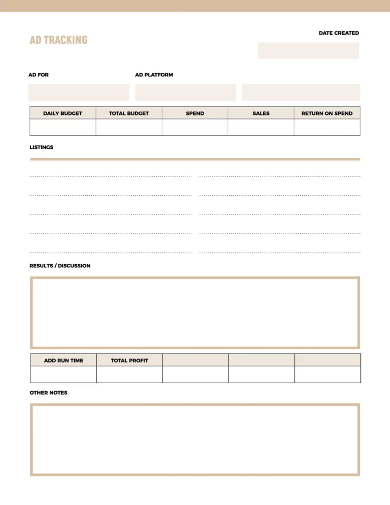 Ad tracking template featuring a clean layout with sections for budget and performance metrics.