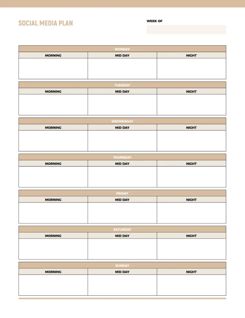 Social media plan template featuring a clean layout with sections for each day of the week and time slots for morning, mid-day, and night.