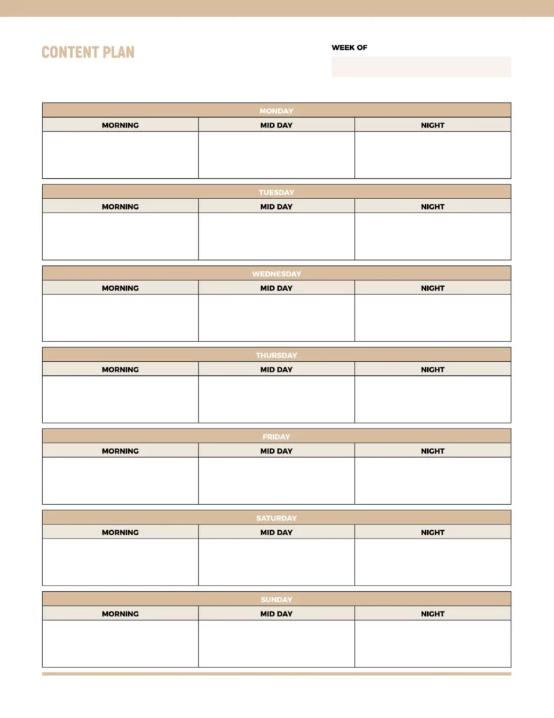 Content plan template featuring sections for morning, mid day, and night scheduled activities throughout the week.
