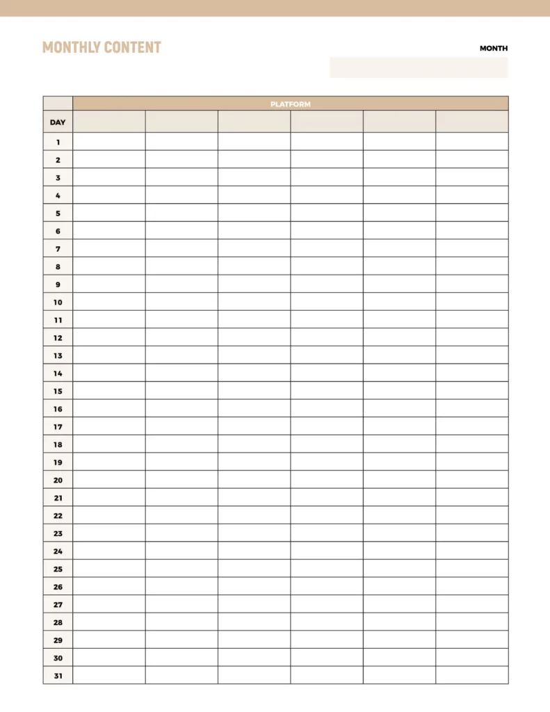 Monthly content template with a clean, minimalist design, featuring a soft beige header and grid layout for daily entries.