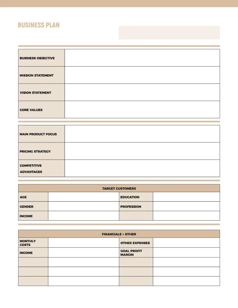 Business plan template featuring structured sections in a professional layout with beige and white color accents.