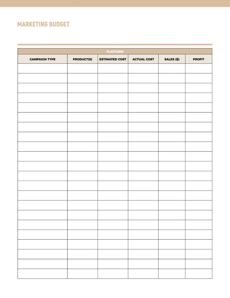 Marketing budget template with a clean layout, featuring columns for campaign type, product details, estimated costs, actual costs, sales, and profit.