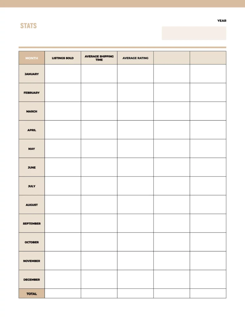 Stats template featuring a minimalist design with sections for month, listings sold, average shipping time, and average rating.