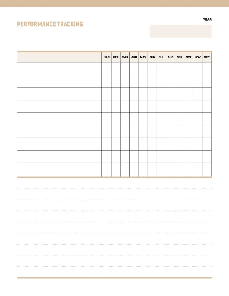 Performance tracking template featuring a clean, minimalist design with sections for each month and additional space for notes.