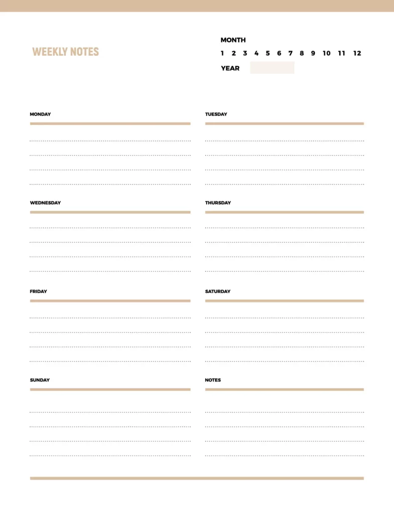 Weekly notes template featuring a clean design with sections for each day of the week and a space for additional notes.
