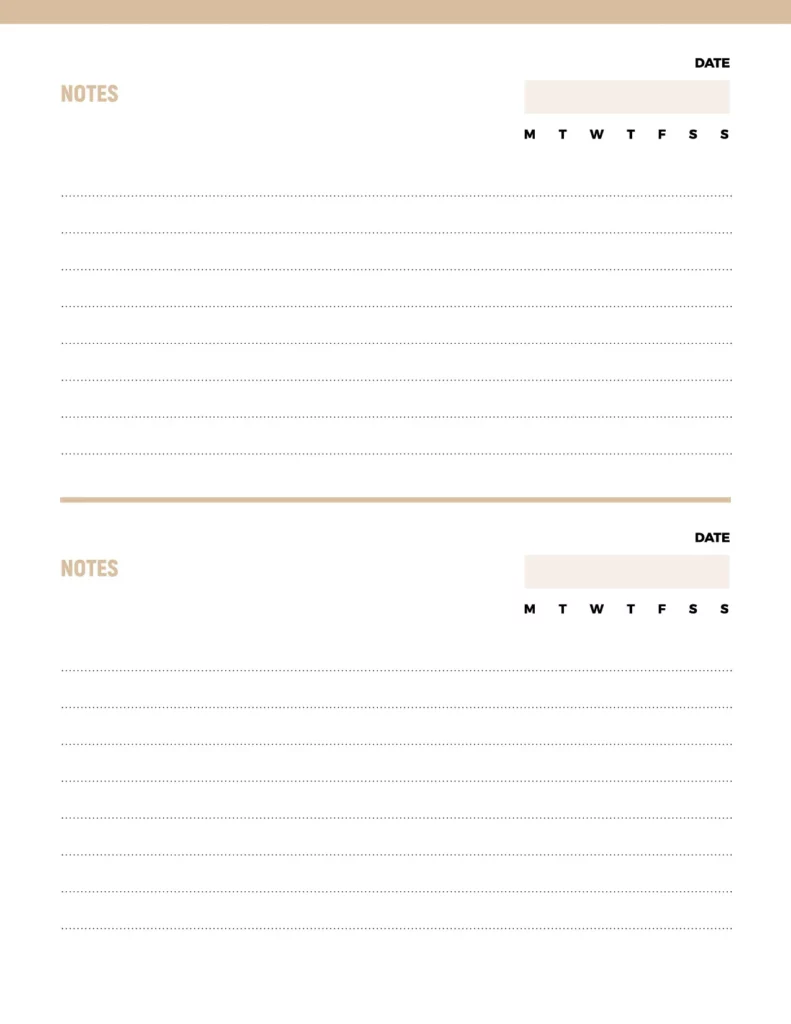 Notes template featuring a minimalistic design with beige accents and a structured layout for date and weekly tracking.