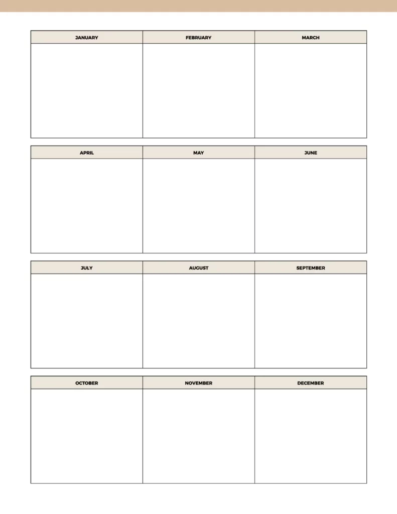 Year at a glance printable template featuring a clean, minimalistic layout with month headers and ample space for notes.