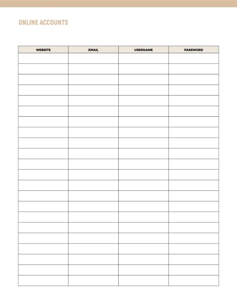 Online accounts template featuring spaces for website, email, username, and password in a clean, organized layout.