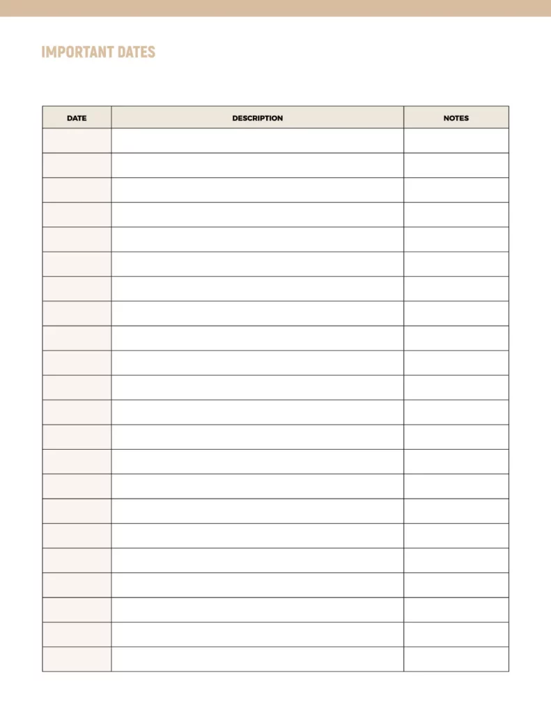 Important dates template featuring a clean, organized layout with sections for date, description, and notes, set against a subtle cream background.