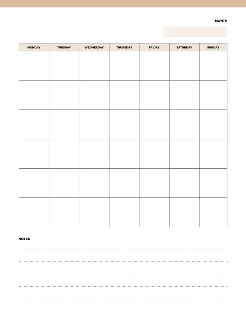 Blank monthly calendar with a clean, minimalist design featuring seven columns for weekdays and additional space for notes.