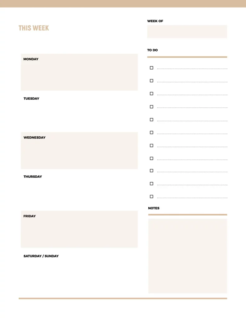 This week template features a minimalist design with neutral colors, organized sections for each day, and a dedicated area for a to-do list.