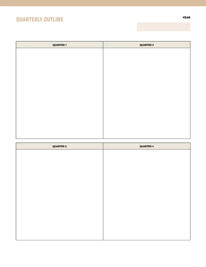 Quarterly outline template featuring four sections for each quarter, designed with a clean layout and soft color accents.