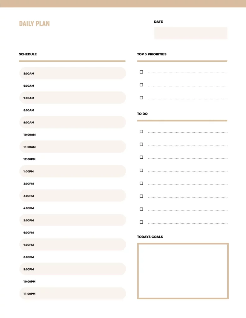 Daily plan template featuring a clean and minimalist layout with sections for schedule, top priorities, to-do list, and goals.