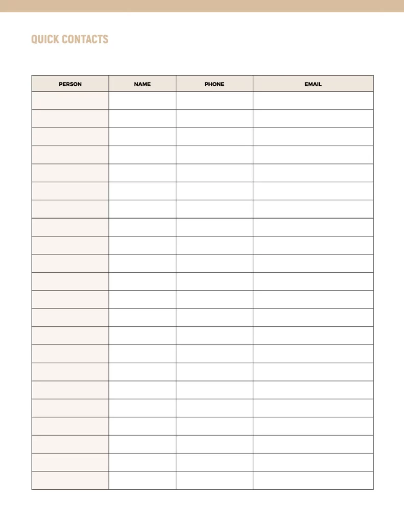 Quick contacts template featuring sections for person, name, phone, and email, designed with a clean layout and soft color accents.