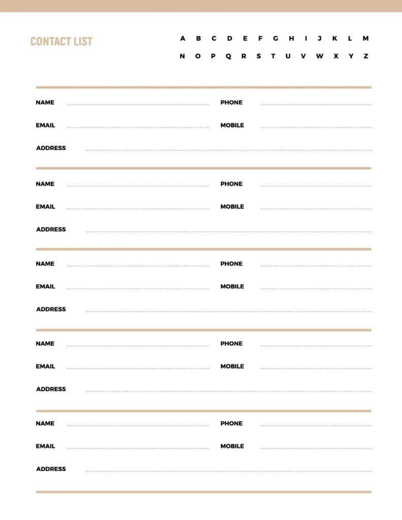 Contact list template featuring sections for name, phone, email, mobile, and address, designed in a clean, minimalist style with a beige header.
