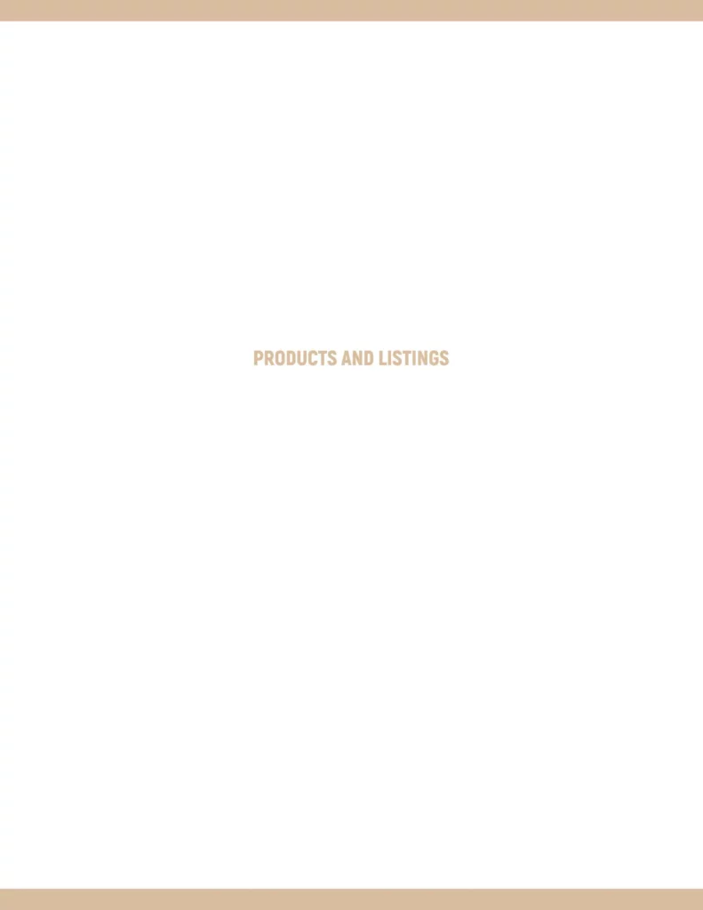 Products and listings cover page featuring a minimalist design with neutral colors.